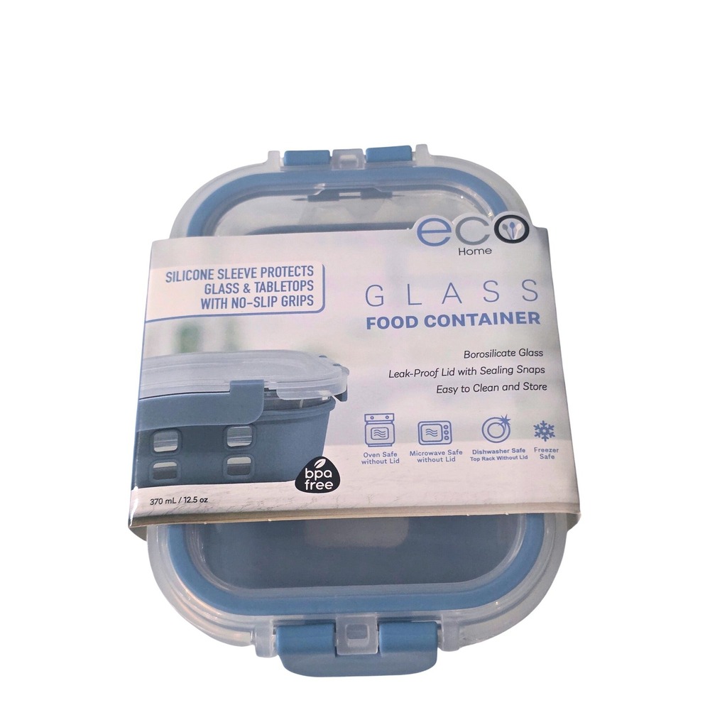 Eco Home Glass Food Container 12.5oz Blue Silicone Sleeve Borosilicate Glass